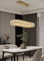 Luxury crystal chandelier illuminating a modern living room with sparkling light