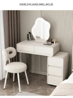 Modern minimalist vanity table with mirror and stool, wood construction, bedroom furniture
