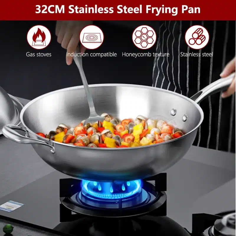 Tri-Ply Stainless Steel Wok Pan 12.6 Inch Stir-Frying Pan Induction Cooking Pan Dishwasher and Oven Safe with Auxiliary Handle