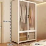 Minimalist open wardrobe closet with metal frame in a modern bedroom setting