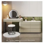 modern dressing table with mirror and stool in a bright bedroom