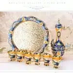 European Style Tea Set 6 Luxury Coffee Cup Vintage Metal Turkish Coffee Pot Set Craft Tea Tray and Teapot for Serving Tea
