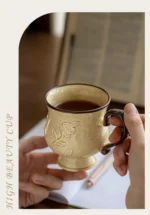Hibiscus Cup Medieval Relief Tall Mug French Ceramic Coffee Cups Water Cup Large Capacity Milk Cup, 300ml – in a cozy room
