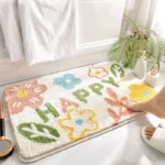 Green leaves flocking non slip bath mat on bathroom floor