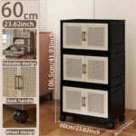 Foldable storage cabinet on wheels in white with two doors, 60cm wide, perfect for bedroom organization