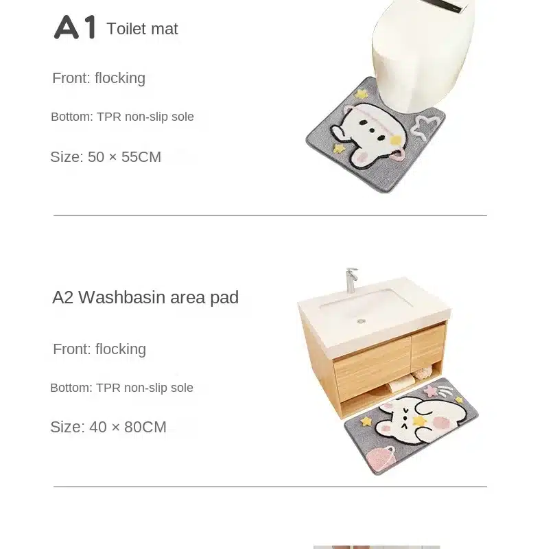 Cute Cartoon Rabbit Bath Mat Set High Quality Flocking Bathroom Non-slip Absorbent Bathroom Rug Shower Room Door Mat Carpet