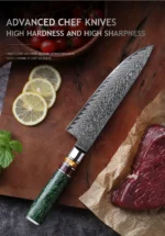 Damascus kitchen knife set with 8 knives displayed on a wooden cutting board