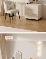Modern wooden makeup vanity table with mirror and matching stool, featuring a storage drawer for organization