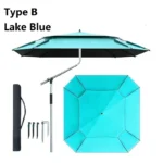 Large beach umbrella with octagonal canopy providing shade on a sunny beach