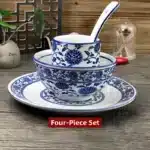 Chinese Sle Cerc Blue And White Dinnerware Set Thiened Bone Bowl Plate Tea Cup Spoon Four-Piece Table Setting – close-up