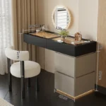 Minimalist modern dressing table with mirror and stool in a bedroom setting with 4 drawers and 4 doors