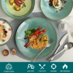 Vancasso KARST green stoneware dinner set with embossed plates and bowls on a rustic wooden table