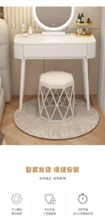 Modern storage vanity table with mirror and stool featuring multiple drawers for bedroom organization