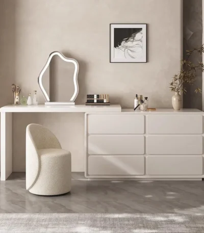 LED dressing table for bedroom with mirror, drawers, and stool - Goldoma