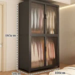 Minimalist open wardrobe closet with metal frame in a modern bedroom setting