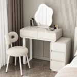 Modern minimalist vanity table with mirror and stool, wood construction, bedroom furniture