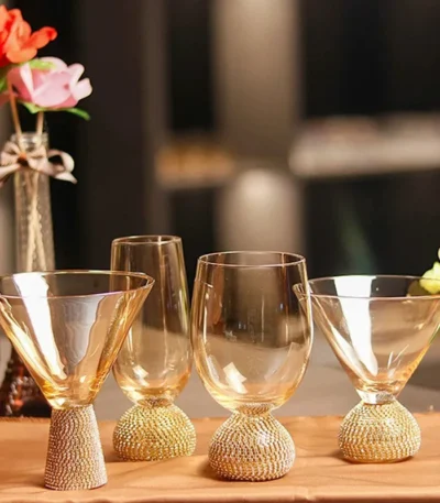 Elegant luxury crystal stemware diamond glass wine goblets on a table setting