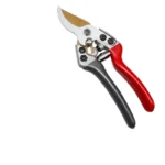 Goldoma pruning shears with orange handles and sharp steel blades on a white background.
