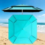 Large beach umbrella with octagonal canopy providing shade on a sunny beach