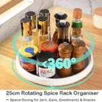 Goldoma rotating spice rack with multiple spice jars on a kitchen counter