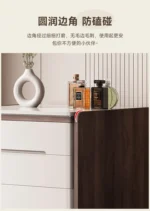 Modern dressing table organizer with shelves for makeup and jewelry in a minimalist bedroom setting