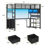 Twin Loft Bed L-Shaped Gaming Desk Storage Hutch Power Outlet Metal Frame RGB Lights Space Saving Teens Black, Customized
