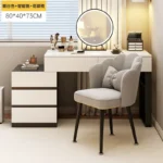 Modern wooden dressing table with mirror and 5 drawers – makeup vanity desk with LED lights and stool in bedroom setting