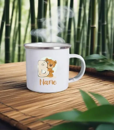 Custom Letter with Name Mug Bear Printed Creative Enamel Cup,Coffee Drink,Milk Mug,Handle Drinkware,Birthday Gifts for Kid