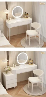Modern storage vanity table with mirror and stool featuring multiple drawers for bedroom organization