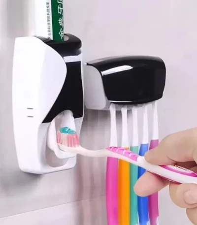 1 set of easy-to-use toothbrush holder with automatic toothpaste dispenser, wall mounted toothbrush storage rack, and