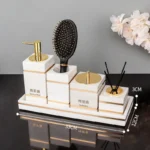 Volakos White Natural Marble Bathroom Accessories Golden Luxury Soap Dish Soap Dispenser Toothbrush Holder Tray Bathroom Set
