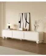 Nordic wood TV stand with drawers in a modern living room corner, featuring clean lines and ample storage