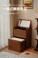 Wooden makeup vanity with mirror and stool in a modern bedroom setting