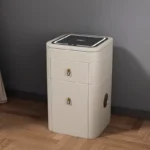 Modern minimalist 3-door solid wood dresser with jewelry organizer in a bedroom setting