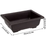 Flowerpot with tray, placed on outdoor shelf among other plants.