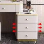 White MDF dressing table with mirror and stool in a modern bedroom setting
