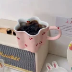 Plum Blossom Cute Girl Ceramic Cup Creative High Value Mug Pink Cherry Water Bottle Children's Breakfast Milk Cups, 320ml