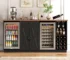 Large coffee bar cabinet with fridge, wine rack, and storage shelves in a modern living room