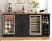 Large coffee bar cabinet with fridge, wine rack, and storage shelves in a modern living room