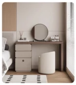 Minimalist wood dressing table with mirror and three storage drawers in modern bedroom setting