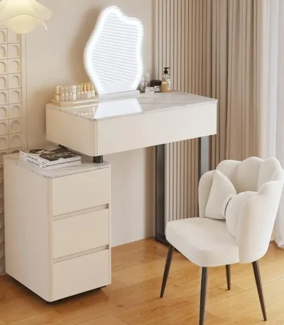 Modern Nordic vanity table with storage drawers and mirror in bedroom setting