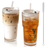 Glass Tumbler, 2-Pack Iced Coffee Cups with Straws, Modern Glass Mug for Cold & Hot Beverages, for Smoothies, Tea, and