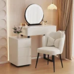 Modern vanity table with mirror and storage drawers in a bedroom setting