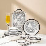 Elegant 20-piece porcelain dinnerware set arranged on a table, showcasing bowls and plates in a gift box