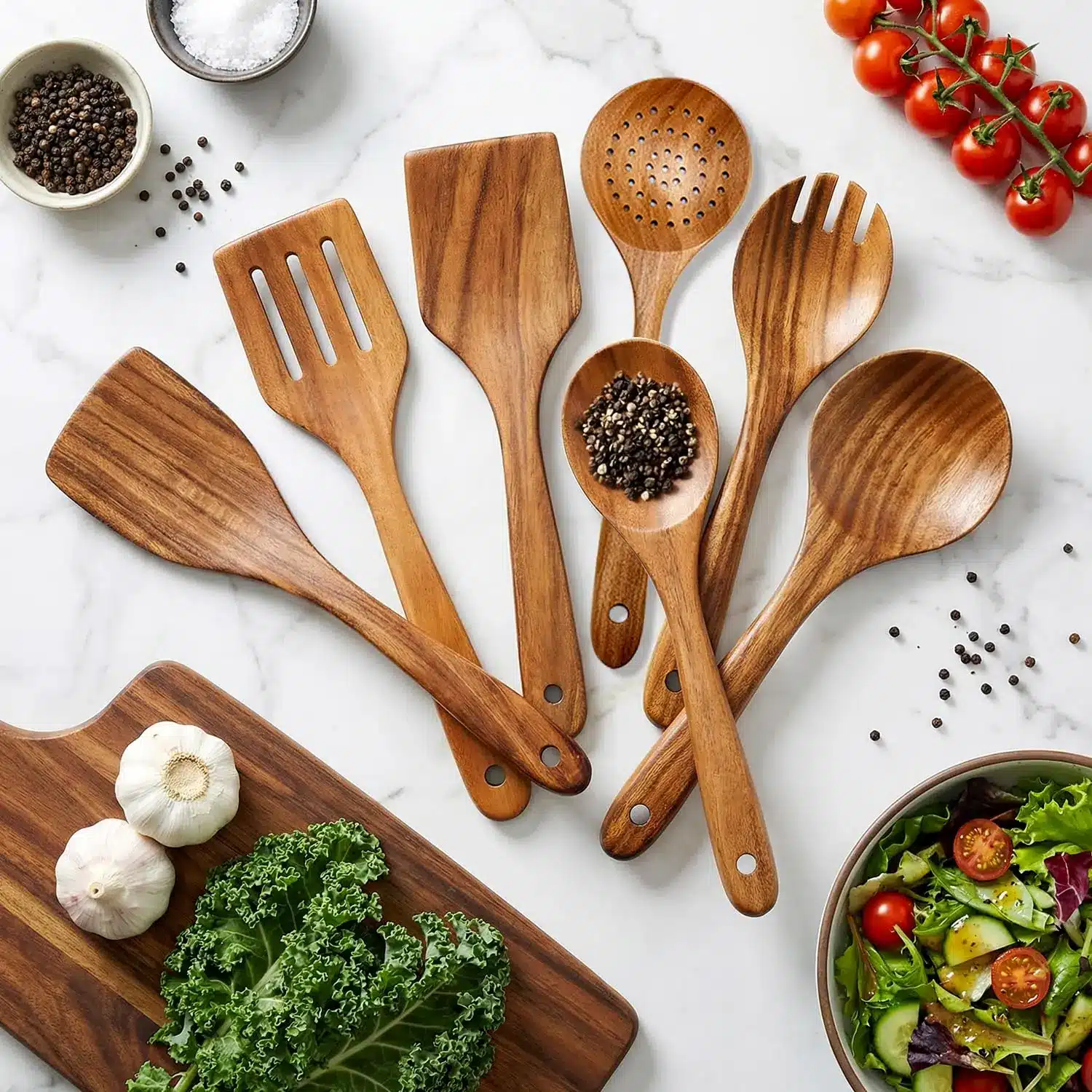 Wooden Spoons for Cooking, Teak Wood Cookware Utensil Set - Smooth Finish, Non-Stick, Comfortable Grip, Heat Resistant