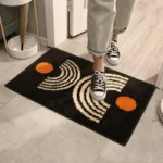 Modern abstract art non slip bathroom rug with vibrant colors and textured surface on a bathroom floor