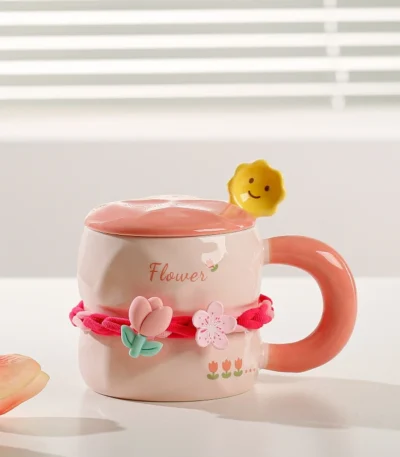 Girls Household Lovely Flower Ceramic Cup with Lid Spoon Advanced Mug Tulip Cup