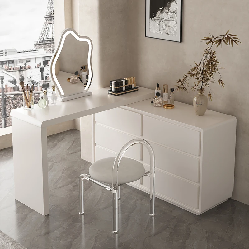 S720975e7a4f04780ac42ad59ac9ce5e9m.webp Modern LED vanity desk with mirror and stool in bedroom setting