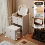 Wooden makeup vanity with mirror and stool in a modern bedroom setting