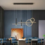 Close-up of the textured gold metal shade of a modern pendant light.